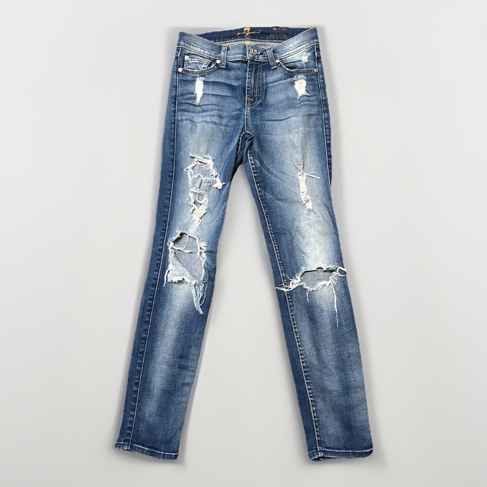 7 For‎ All Mankind Womens 24 High Waist Ankle Skinny Dark Wash Distressed